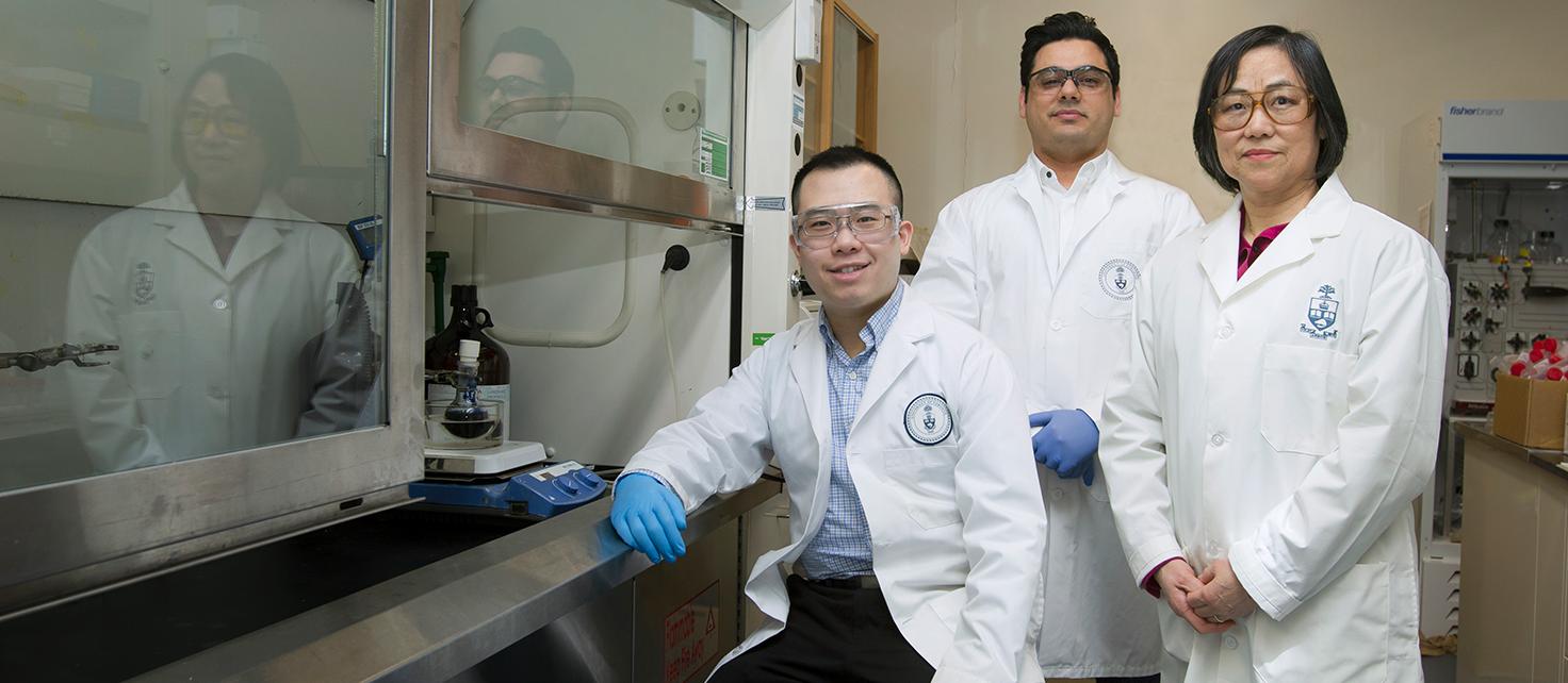 Photo of Brian Lu, Amin Ghavami Nejad and Shirley Wu in lab