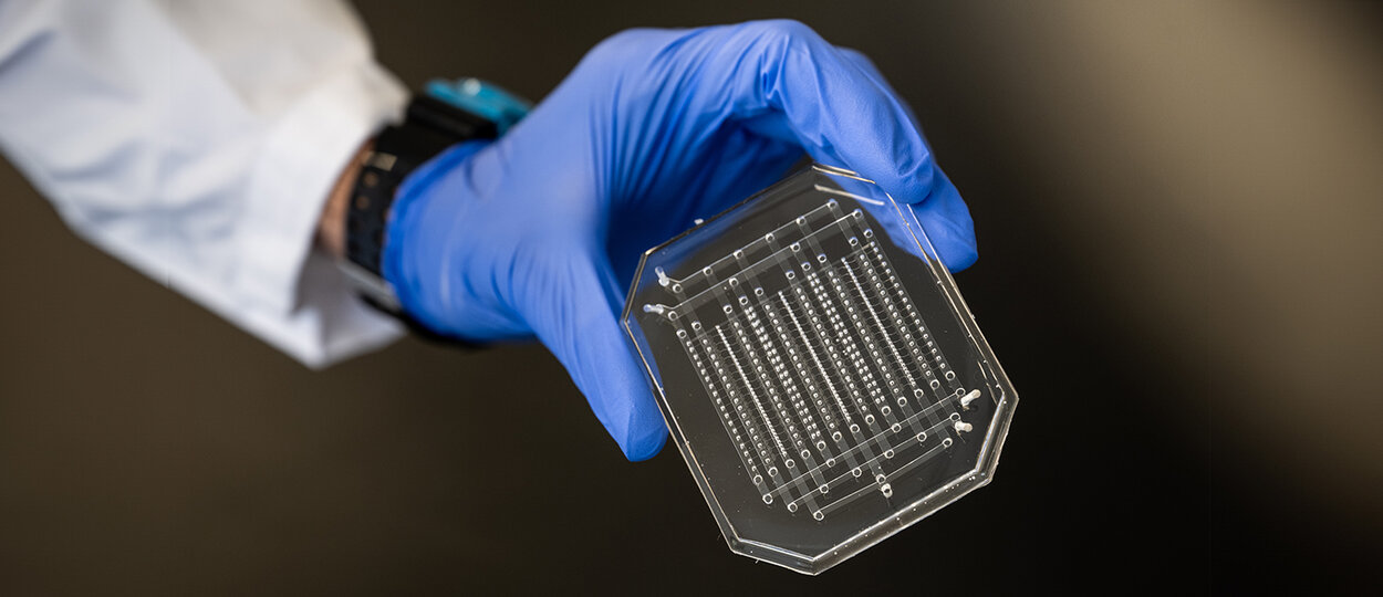 Microfluidic droplet generation device created by PhD student Sushant Singh in CRAFT Device Foundry. This device is used to make bioinks for 3D printing human skin sheets. (photo credit: Dahlia Katz).