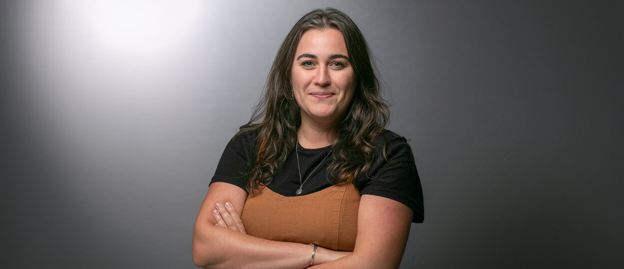 Portrait of Assistant Professor Rachel Harding with grey background