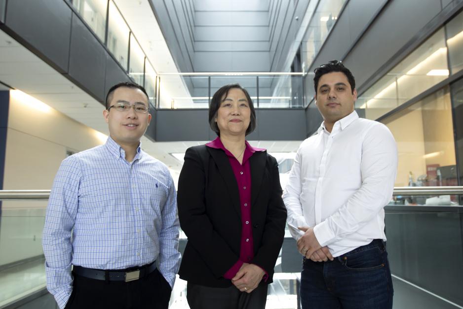 Photo of Brian Lu, Shirley Wu and Amin Ghavami Nejad at the Leslie Dan Faculty of Pharmacy