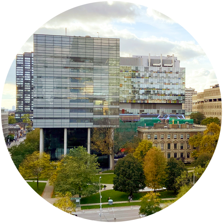 Landscape exterior of the Leslie Dan Faculty of Pharmacy building in Fall