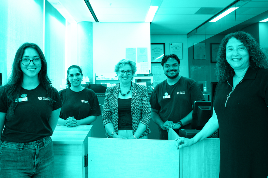 Ontario MPP and Parliamentary Assistant to the Minister of Health Robin Martin (center) with Dean Lisa Dolovich (right), met with students, faculty, and staff at U of T's Discovery Pharmacy.