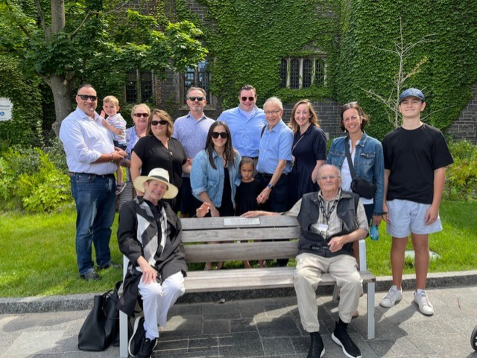 Beattie Family on dedicated bench near Soldier's Tower, U of T