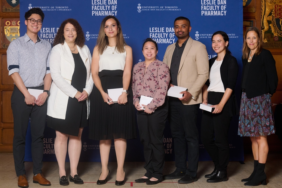 EPE Preceptors of the Year receiving their awards at the 2024 Undergraduate Awards Ceremony on September 26, 2024 at the University of Toronto's Hart House. From left to right: Jamie Av, Dean Lisa Dolovich, Mais Bahajaj, Elaina Cheng, Santhosh Sekharan, Carolyn Kasprzak and Marcia McLean, assistant professor, teaching stream.