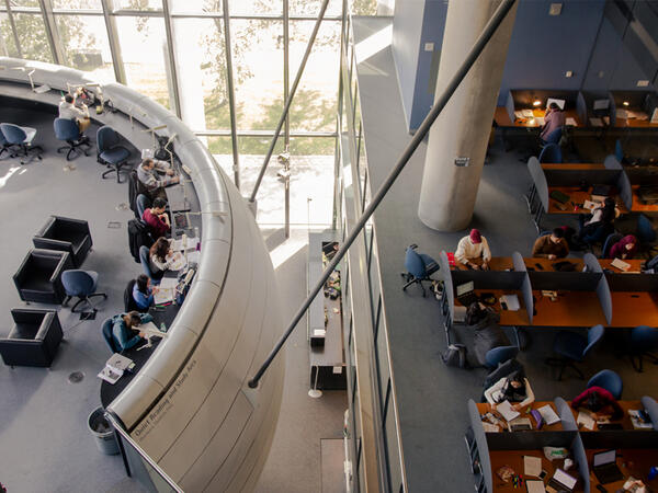 Birds eye view photo of students studying at the Leslie Dan Faculty of Pharmacy
