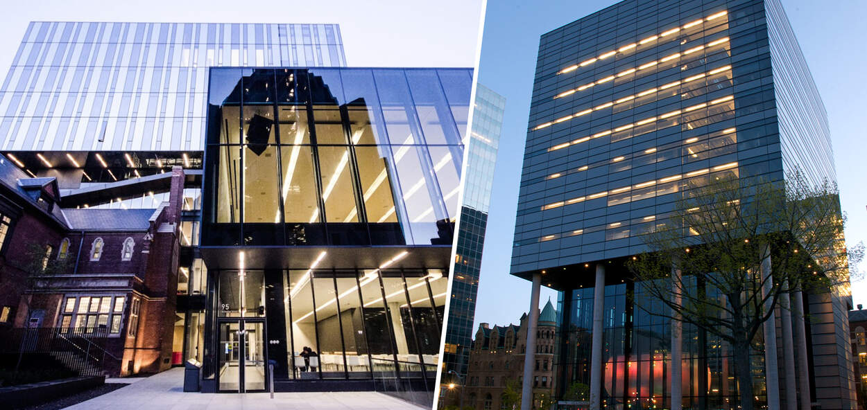 Photo of the Rotman School of Management next to a photo of the Leslie Dan Faculty of Pharmacy